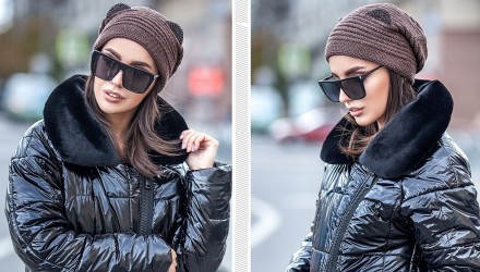Шапка синяя с ушками крупной вязки на флизе светло коричневый. Каменское. фото 1 Шапка синяя с ушками крупной вязки на флизе светло коричневый. Каменское. фото 1