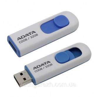 A-DATA USB 2.0 C008 32Gb White/Blue — накопичувач у висувному корпусі, що плавно. . фото 2
