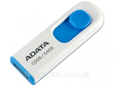 A-DATA USB 2.0 C008 64Gb White/Blue — накопичувач у висувному корпусі, що плавно. . фото 2