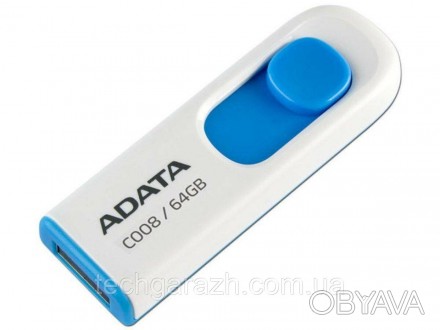 A-DATA USB 2.0 C008 64Gb White/Blue — накопичувач у висувному корпусі, що плавно. . фото 1