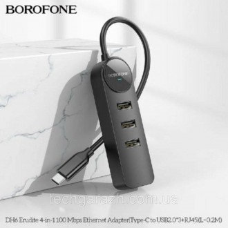 Адаптер Borofone DH6 Erudite 4-in-1 100 Мбіт Ethernet Adapter(Type-C to USB2.0*3. . фото 4