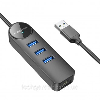 Адаптер Borofone DH6 Erudite 4-in-1 Gigabit Ethernet Adapter(USB to USB3.0*3+RJ4. . фото 4