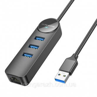 Адаптер Borofone DH6 Erudite 4-in-1 Gigabit Ethernet Adapter(USB to USB3.0*3+RJ4. . фото 3