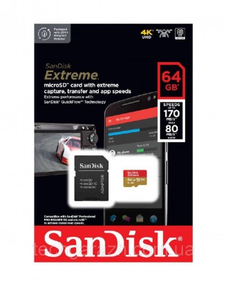 Картка пам'яті SanDisk Extreme microSDXC (64 ГБ) (adapter SD) дозволяє заощаджув. . фото 4
