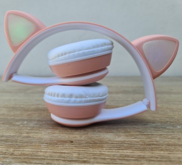 Беспроводные детские Bluetooth наушники розовые с кошачьими ушками котика Cat He. . фото 7