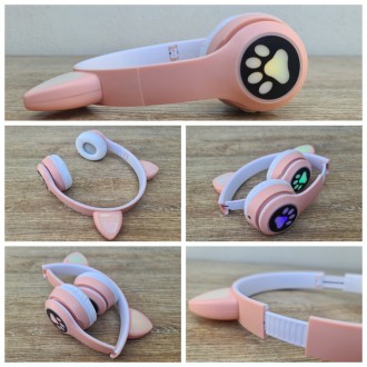Беспроводные детские Bluetooth наушники розовые с кошачьими ушками котика Cat He. . фото 8