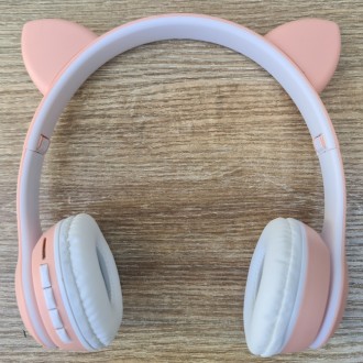 Беспроводные детские Bluetooth наушники розовые с кошачьими ушками котика Cat He. . фото 3