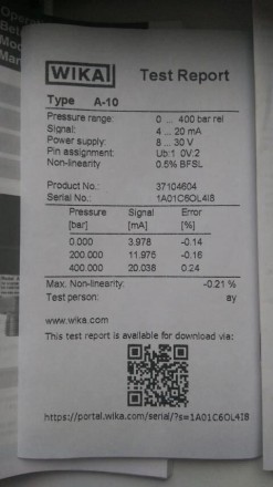 Преобразователь давления Wika 400 барРезьба штуцера G 1/2Клас точности 0,5% BFSL. . фото 7