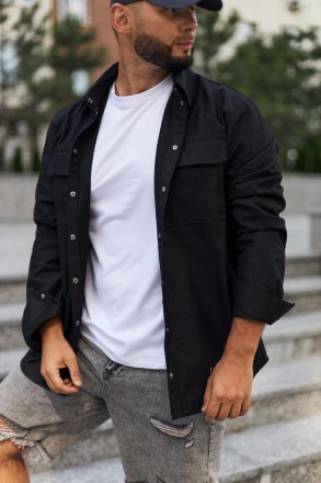 Мужская рубашка черная хлопок Coton с длинным рукавом и с карманами на кнопках 
. . фото 7