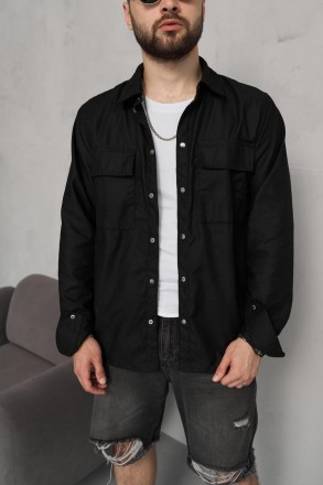 Мужская рубашка черная хлопок Coton с длинным рукавом и с карманами на кнопках 
. . фото 8