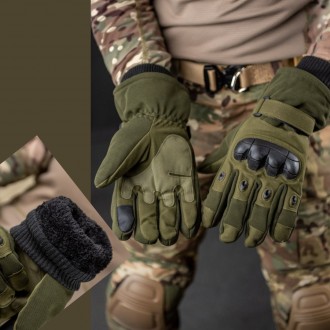 Тактические перчатки зимние на меху армейские полнопалые сенсорные перчатки олив. . фото 2