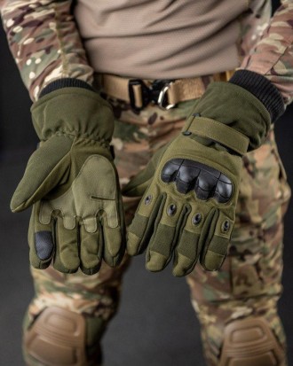 Тактические перчатки зимние на меху армейские полнопалые сенсорные перчатки олив. . фото 4