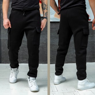 Мужские теплые брюки карго спортивные штаны зимние на трехнитке с карманами черн. . фото 2