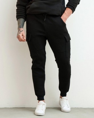 Мужские теплые брюки карго спортивные штаны зимние на трехнитке с карманами черн. . фото 5