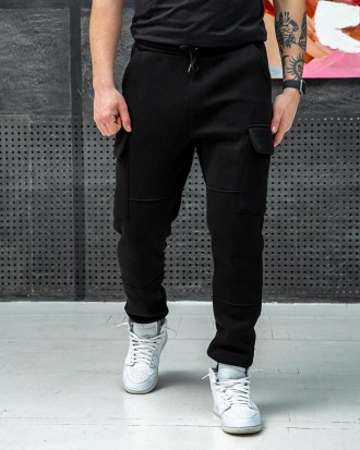 Мужские теплые брюки карго спортивные штаны зимние на трехнитке с карманами черн. . фото 3