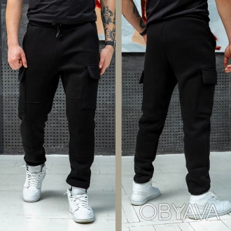 Мужские теплые брюки карго спортивные штаны зимние на трехнитке с карманами черн. . фото 1