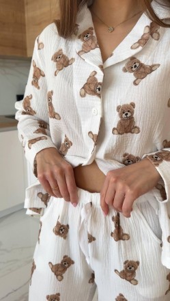 Женская пижама с натуральной ткани Муслин Рубашка и Штаны хлопок, Домашняя одежд. . фото 7