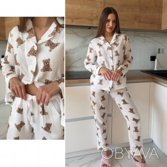 Женская пижама с натуральной ткани Муслин Рубашка и Штаны хлопок, Домашняя одежд. . фото 1