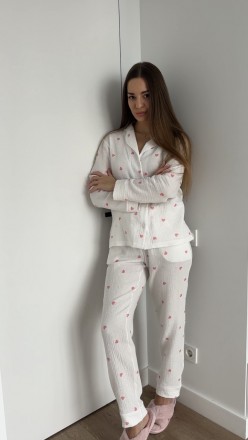 Женская пижама с натуральной ткани Муслин Рубашка и Штаны хлопок, Домашняя одежд. . фото 5