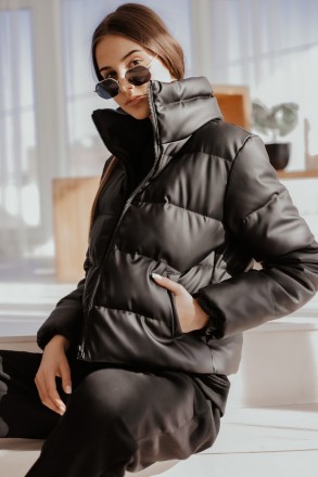 Женская демисезонная куртка Укороченный пуховик кожзам Bubble Теплая без капюшон. . фото 6