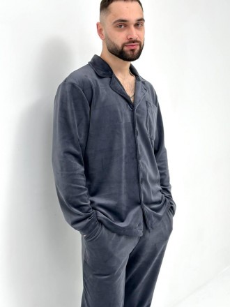 Чоловіча велюрова піжама Сорочка і штани Домашній костюм з велюру Комплект для с. . фото 9