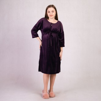 Платье женское свободное велюровое однотонное с карманами и поясом летнее баклаж. . фото 3