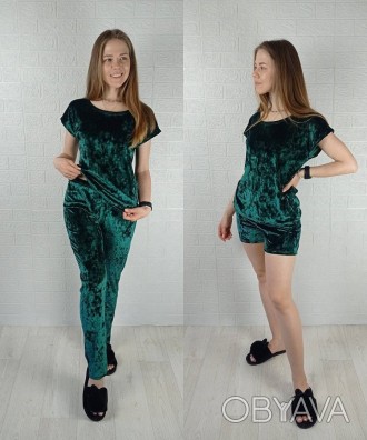 Женская велюровая пижама 3-ка зеленый 44-54р.
Красивая женская велюровая пижама . . фото 1