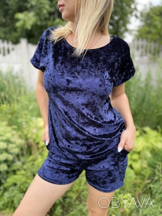 Пижама женская велюр летняя футболка с шортами синий р.44-54
Летняя велюровая пи. . фото 1