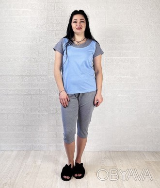 Пижама женская футболка с бриджами летняя в горошек голубой р.48-62
Трикотажная . . фото 1