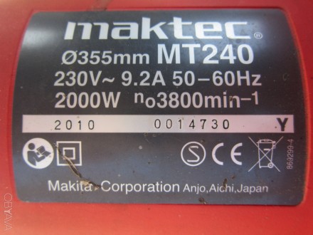 Опис.
      Пила монтажная Maktec MT240  №0014730,  2010 Makita< Corp Japan.. . фото 9