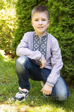 Лляна вишиванка на хлопчика в сірому кольорі, страдиційна модель у стильному заб. . фото 4