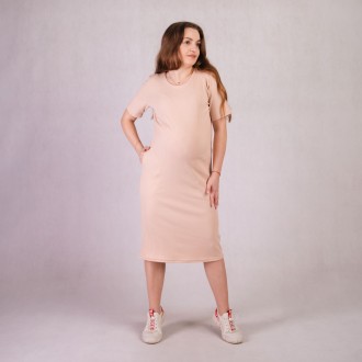 Платье женское в рубчике длинное для беременных с коротким рукавом бежевый 46-54. . фото 2