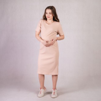 Платье женское в рубчике длинное для беременных с коротким рукавом бежевый 46-54. . фото 4