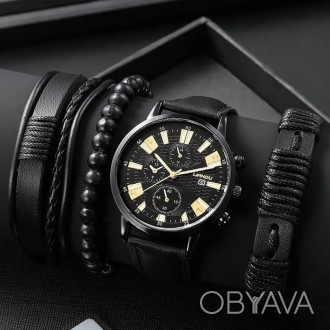 Набор подарочный кварцевые часы браслет жемчуг кулон черный