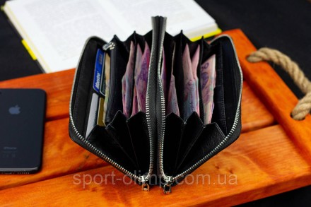 Чорний чоловічий гаманець-клатч на дві блискавки з натуральної шкіри Marco Cover. . фото 10