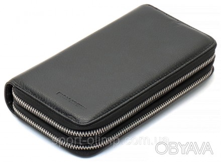 Чорний чоловічий гаманець-клатч на дві блискавки з натуральної шкіри Marco Cover. . фото 1