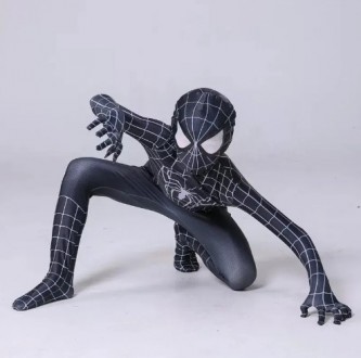 Взрослый карнавальный костюм Спайдермена Человек-паук черный - комбинезон + маск. . фото 2