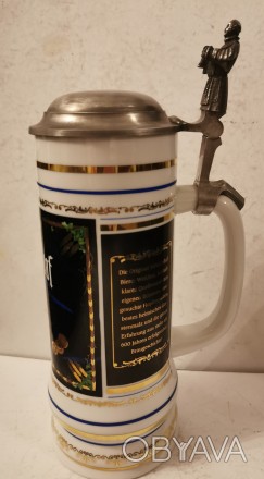 Коллекционный фарфоровый пивной бокал с оловянной крышкой, Германия. Ручная росп. . фото 1