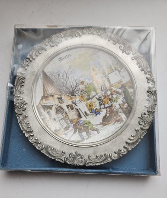 Настенная оловянная тарелка с фарфором Германия, Зима, художественное литье, худ. . фото 4