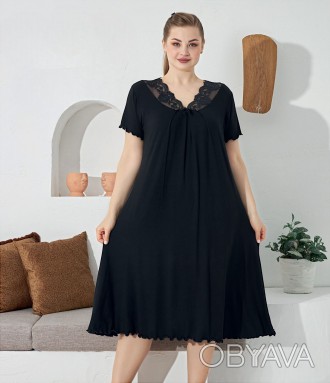 Женская ночная рубашка большого размера с кружевом 56-64 р, длина 105 см, черная. . фото 1