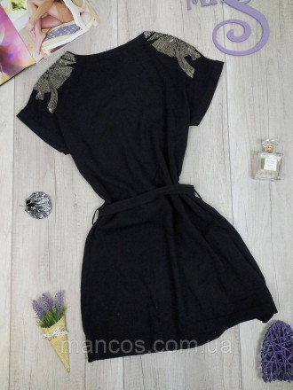 Женская туника с коротким рукавом Yscultuie чёрная трикотажная с поясом и бисеро. . фото 5