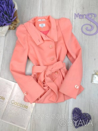 Женское короткое пальто VR персикового цвета с поясом 
Состояние: б/у, в очень х. . фото 1