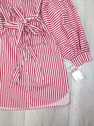 Платье-рубашка Armani Exchance удлинённое с длинным рукавом красное в белую поло. . фото 7