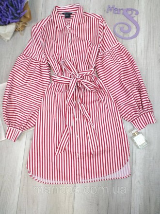 Платье-рубашка Armani Exchance удлинённое с длинным рукавом красное в белую поло. . фото 5
