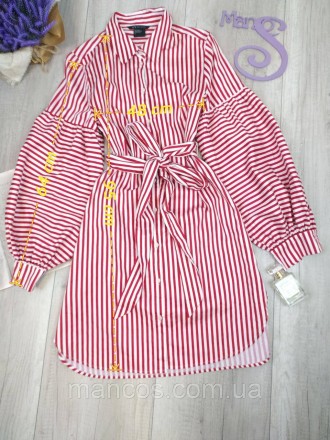 Платье-рубашка Armani Exchance удлинённое с длинным рукавом красное в белую поло. . фото 10