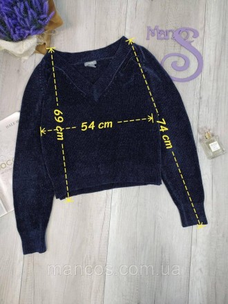 Женский свитер Lindex велюровый синий с V-образным вырезом горловины
Состояние б. . фото 8