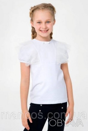 Нарядная школьная блузка от Smil с коротким рукавом с фатиновыми оборками и бант. . фото 1