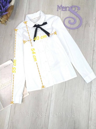 Блузка для девочки белая с длинным рукавом с черным бантом- галстуком, застёжка . . фото 8