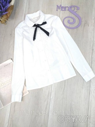 Блузка для девочки белая с длинным рукавом с черным бантом- галстуком, застёжка . . фото 1