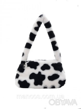 Женская трендовая плюшевая сумка багет черный белый коровий принт